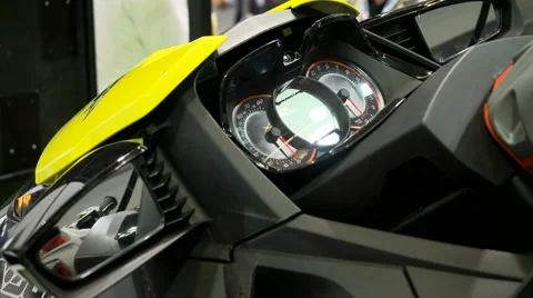 Dashboard of a jet ski exhibited during Genoa Boat Show Stock Footage 60048808