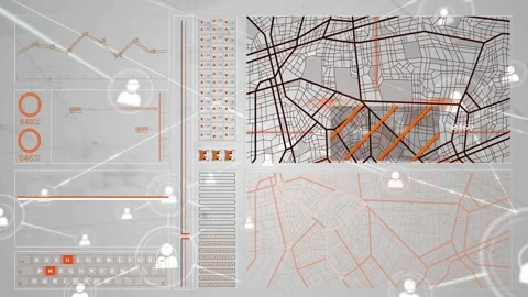 Dashboard lighting from node pulse, maps marking corridors, avatars linking to Stock Footage 328345231