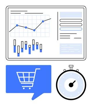 Dashboard with line graph bar charts, and data panels. Blue shopping cart ico 스톡 일러스트
