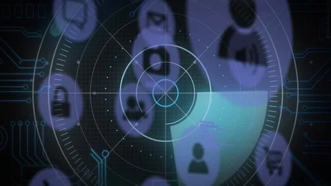 On dashboard load central radar HUD sweeping teal wedge, scanning badges and Stock Footage 333817313