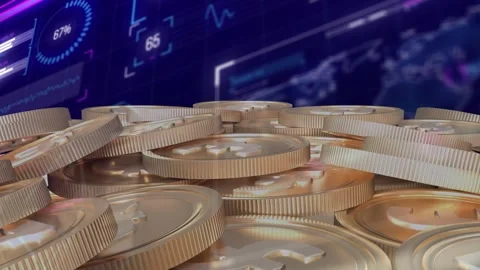 On dashboard load gauge jumping values and line chart rippling beside coin stack Stock Footage 317741373