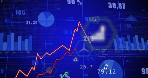 Dashboard loading monthly charts, three lines rising through icons, code Stock Footage 328146150