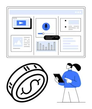 Dashboard with media, voice command, graph, and news. Giant dollar coin and u Stock Illustration
