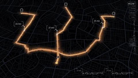 Dashboard navigation map with multiple glowing routes and location pins. Vector Stock Illustration