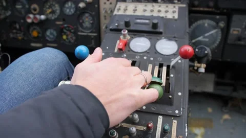 Dashboard of the old An-2 aircraft. Pilot push thrust lever. Video stock 201019906