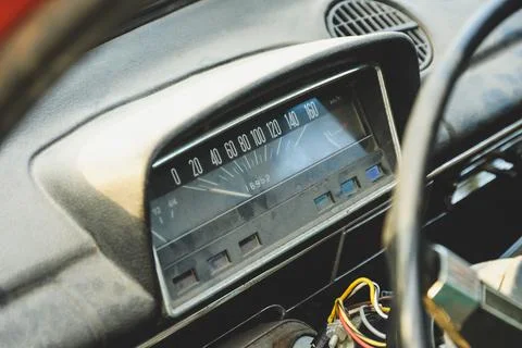 The dashboard in an old car close-up. Speedometer and gauges Stock Photos