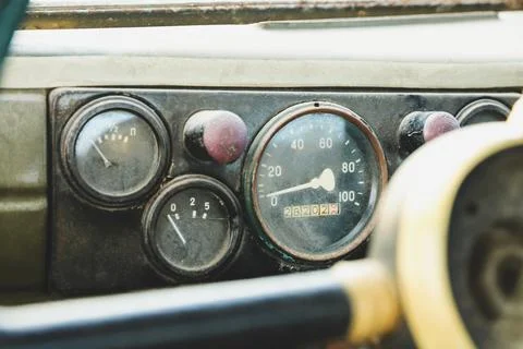 The dashboard in an old car close-up. Speedometer and gauges Stock Photos