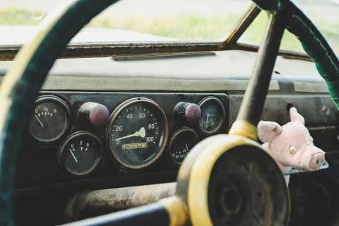 The dashboard in an old car close-up. Speedometer and gauges Stock Photos