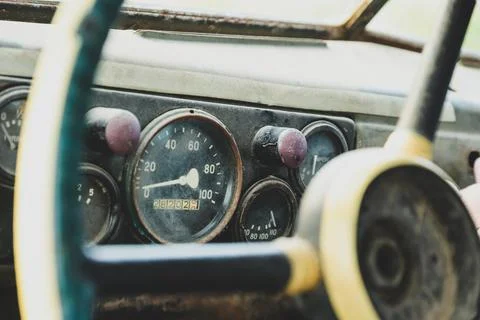 The dashboard in an old car close-up. Speedometer and gauges Stock Photos