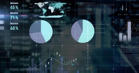 Dashboard overlaying dusk skyline, presenting world map and charts with Stock Illustration