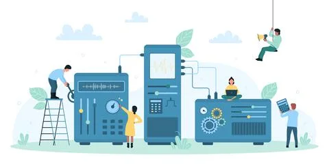 Dashboard performance, tiny people measure benchmark results of product with Illustrazione stock
