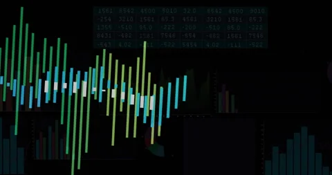 Dashboard presenting candlestick chart on dark background, with table, pie chart Stock Footage 309286745