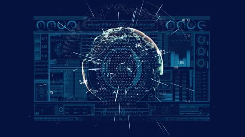 Dashboard pulsing initiating 3D globe emerging and rotating for live data Stock Footage 310216816