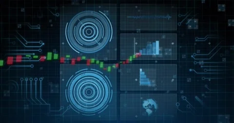 Dashboard receiving data, animating candlesticks moving across readouts, Stock Footage 329505363