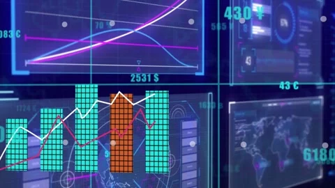 Dashboard receiving data, updating HUD, bars growing, trend line rising, orange Stock Footage 332545310