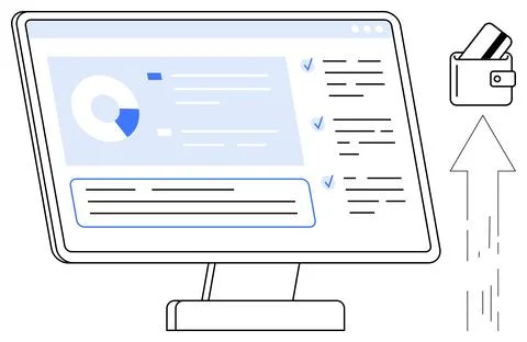 Dashboard screen with analytics data, checklist, wallet with credit cards, .. Stock Illustration