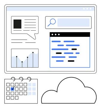 Dashboard screen with a graph, chat bubble, search bar, coding window, calend Stock Illustration