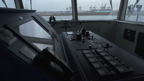 Dashboard in ship's bridge. Side additional control panel om bridge. Container Stock Footage 195830726