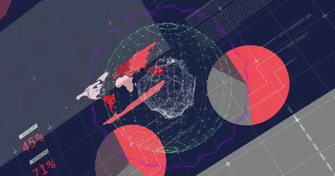 Dashboard showing 3D wireframe globe in system GUI, with red circles, map Stock Photos