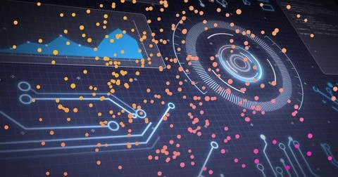 Dashboard showing circular HUD in interface, with circuit connections, dots and Stockfoto's