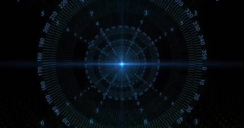 Dashboard showing interface in dark background, with glowing blue hub, numeri 스톡 일러스트