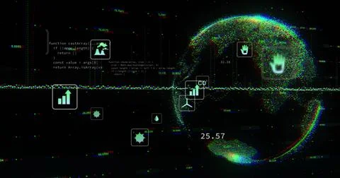 Dashboard showing multicolored globe on right in interface, with icons and wa Illustrazione stock