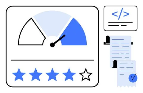 Dashboard with a speedometer gauge, five-star rating system four filled, and  스톡 일러스트