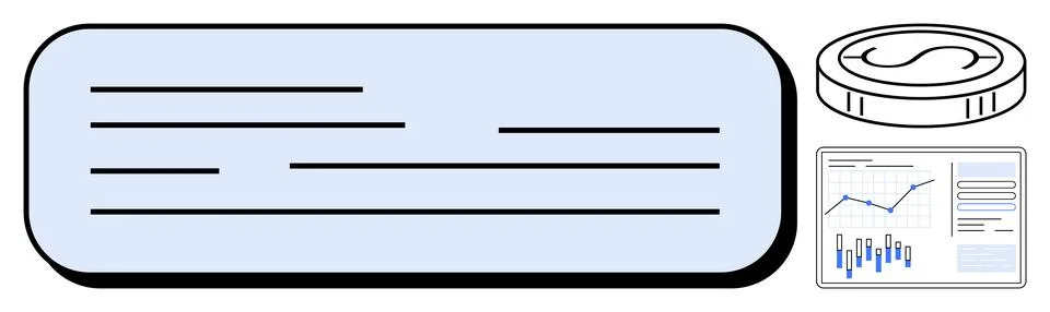 Dashboard with text box, coin stack, and bar-chart showing growth trend. Idea Stockillustratie