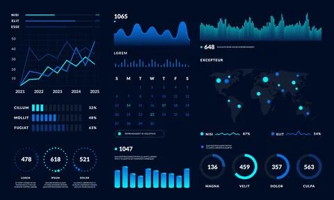 Dashboard UI. Data HUD diagram design, graph and chart modern graphic interfa Illustration