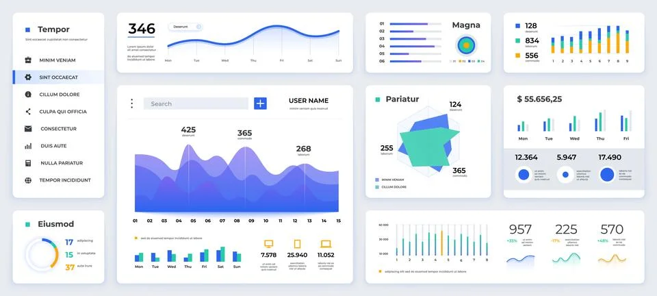 Dashboard UI. Modern presentation with data graphs and HUD diagrams, clean and Stock Illustration