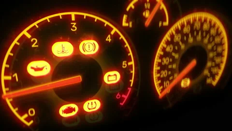 Dashboard warning lights on, car problem, low battery, engine failure, accident Video stock 178038664