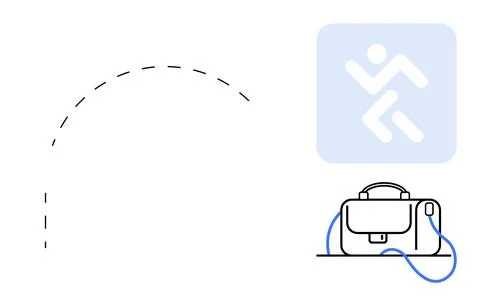 Dashed arc line, leather briefcase with blue handles, abstract figure icon in Stock Illustration