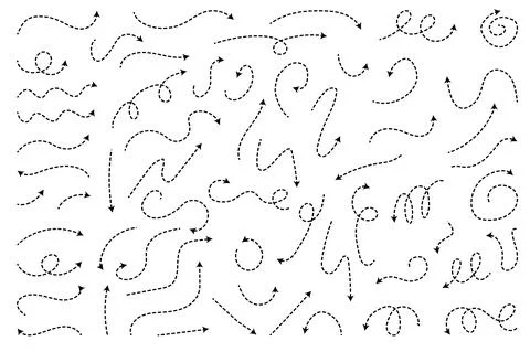 Dashed arrow set. Vector doodle dot line. Thin pointer arrows Stock Illustration