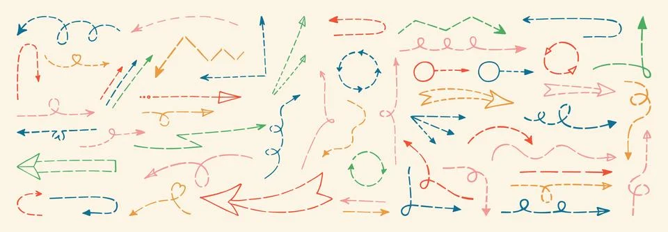 Dashed arrows hand drawn doodle set dotted pointers collection line sign child Stock Illustration
