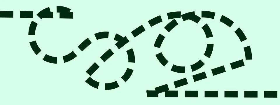 Dashed dark green line on light green, broken path graphic, dotted trail desi Ilustração Stock