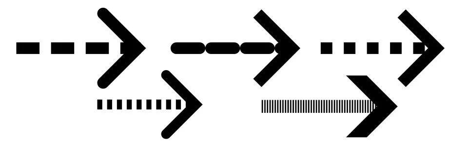 Dashed line arrow pointers graphics, Dotted directional path elements, Interf Ilustración de archivo