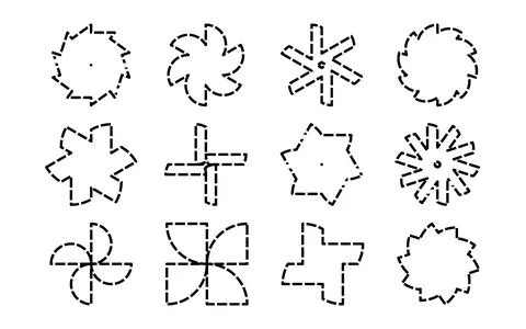 Dashed line geometric icons, broken outline symbols, minimalist technical s.. Illustrazione stock