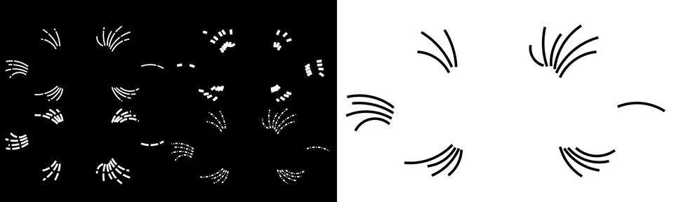 Dashed line radial bursts, black and white stroke elements, motion effect set Stock Illustration