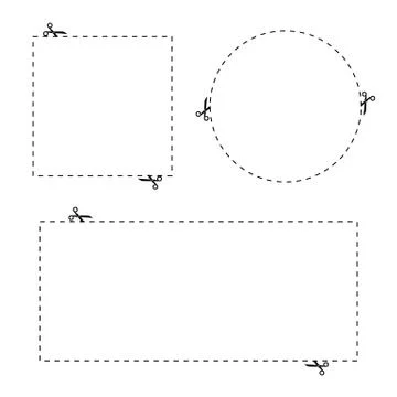 Dashed line with scissors set. Vector coupon or stickers borders. Stock Illustration