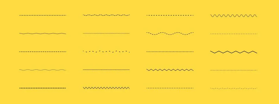 Dashed line set isolated on yellow background Illustrazione stock