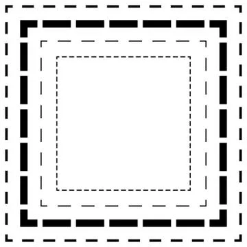 Dashed line squares. Thin and thick lines. Cut lines, square cutout forms Illustrazione stock