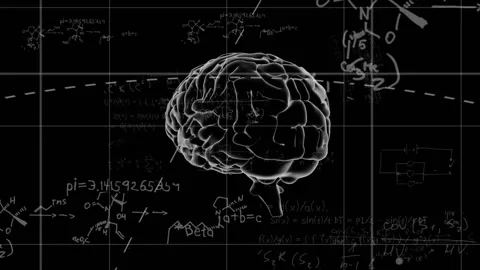 Dashed orbital arc starting 3D brain rotating and formulas diagrams emerging Stock Footage 327361665