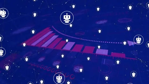 Dashed path appearing, magenta arrow moving right while circled AI robot Vídeo Stock 334703295