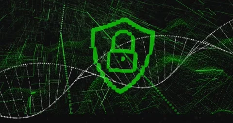 Dashed shield appearing center starting neon padlock forming, helix sweeping Stock Footage 328656302