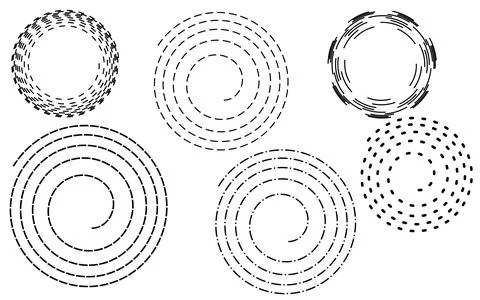 Dashed spiral line collection, circular dotted movement paths, abstract swi.. Illustrazione stock