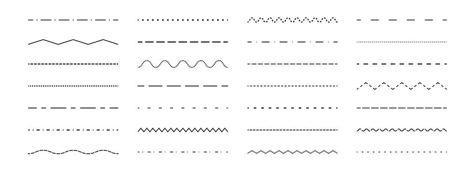 Dashed straight, wavy and zig zag line set. Dotted dividers or separators design イラスト素材