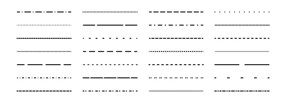 Dashed thin lines set. Black straight dotted stripe collection. Separate and Stock Illustration
