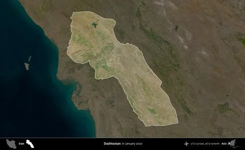 Dashtestan highlighted, Iran. Satellite image. January 2020 Stock Illustration