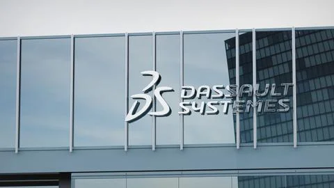 Dassault Systemes Stock data presented on the logo of the office facade Stock Photos