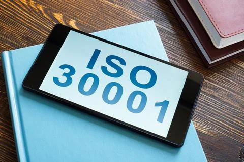 Data about ISO 30001 on the screen of smartphone. Stock Photos